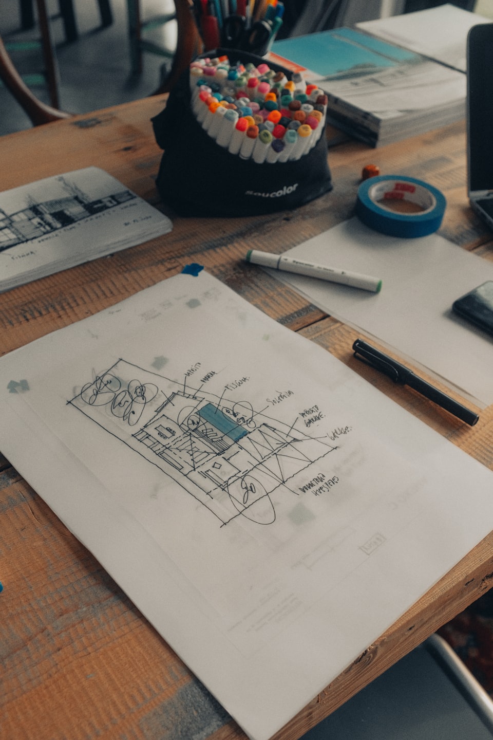 Architektur-Blaupause und Kunstbedarf auf einem Holztisch.